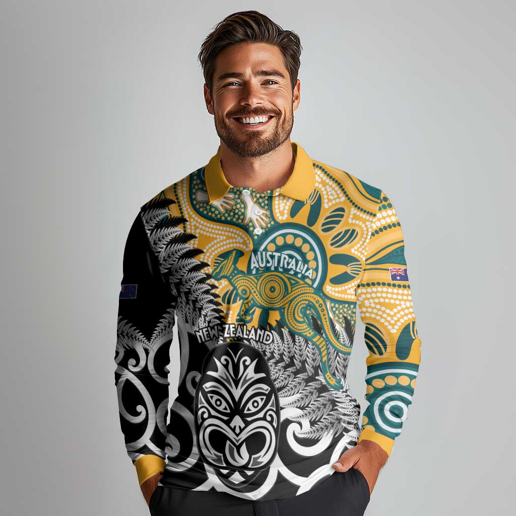 New Zealand Australia Rugby Custom Long Sleeve Polo Shirt Wallabies Aboriginal All Black Maori Tiki Together - Aussie Hoodie