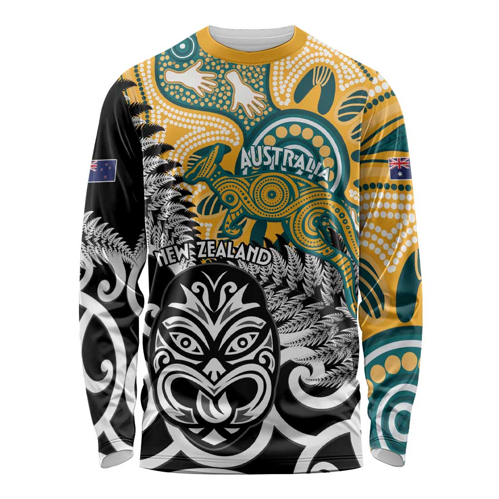 New Zealand Australia Rugby Custom Long Sleeve Shirt Wallabies Aboriginal All Black Maori Tiki Together - Aussie Hoodie