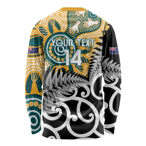 New Zealand Australia Rugby Custom Long Sleeve Shirt Wallabies Aboriginal All Black Maori Tiki Together - Aussie Hoodie
