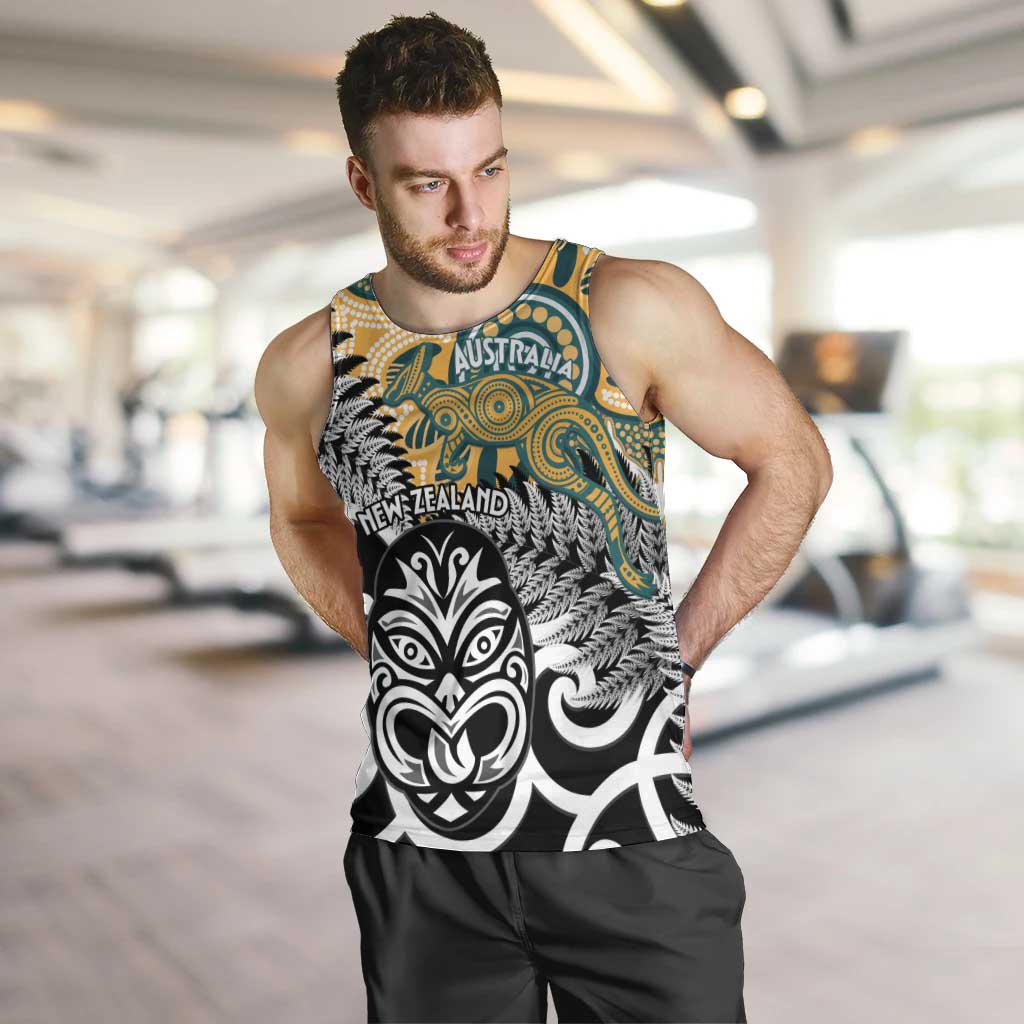 New Zealand Australia Rugby Custom Men Tank Top Wallabies Aboriginal All Black Maori Tiki Together - Aussie Hoodie
