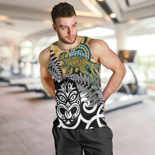 New Zealand Australia Rugby Custom Men Tank Top Wallabies Aboriginal All Black Maori Tiki Together - Aussie Hoodie
