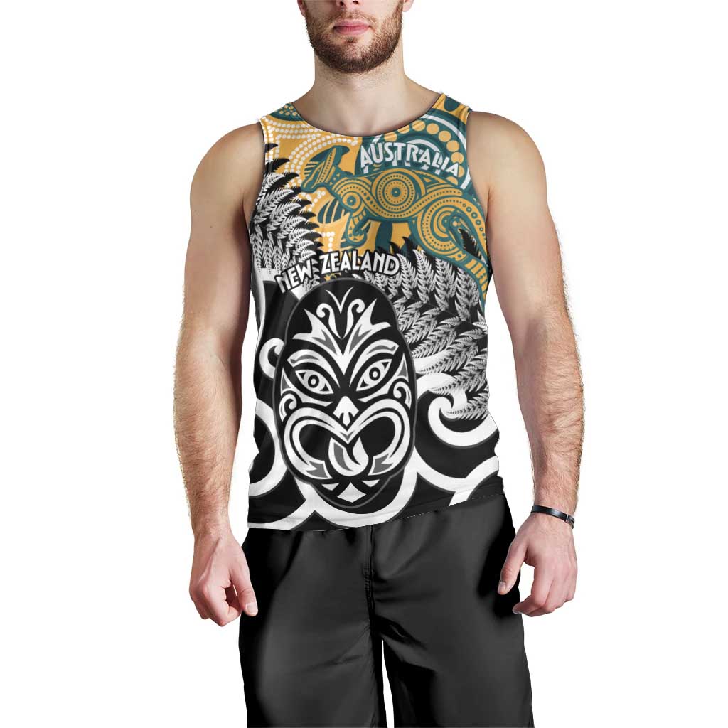 New Zealand Australia Rugby Custom Men Tank Top Wallabies Aboriginal All Black Maori Tiki Together - Aussie Hoodie