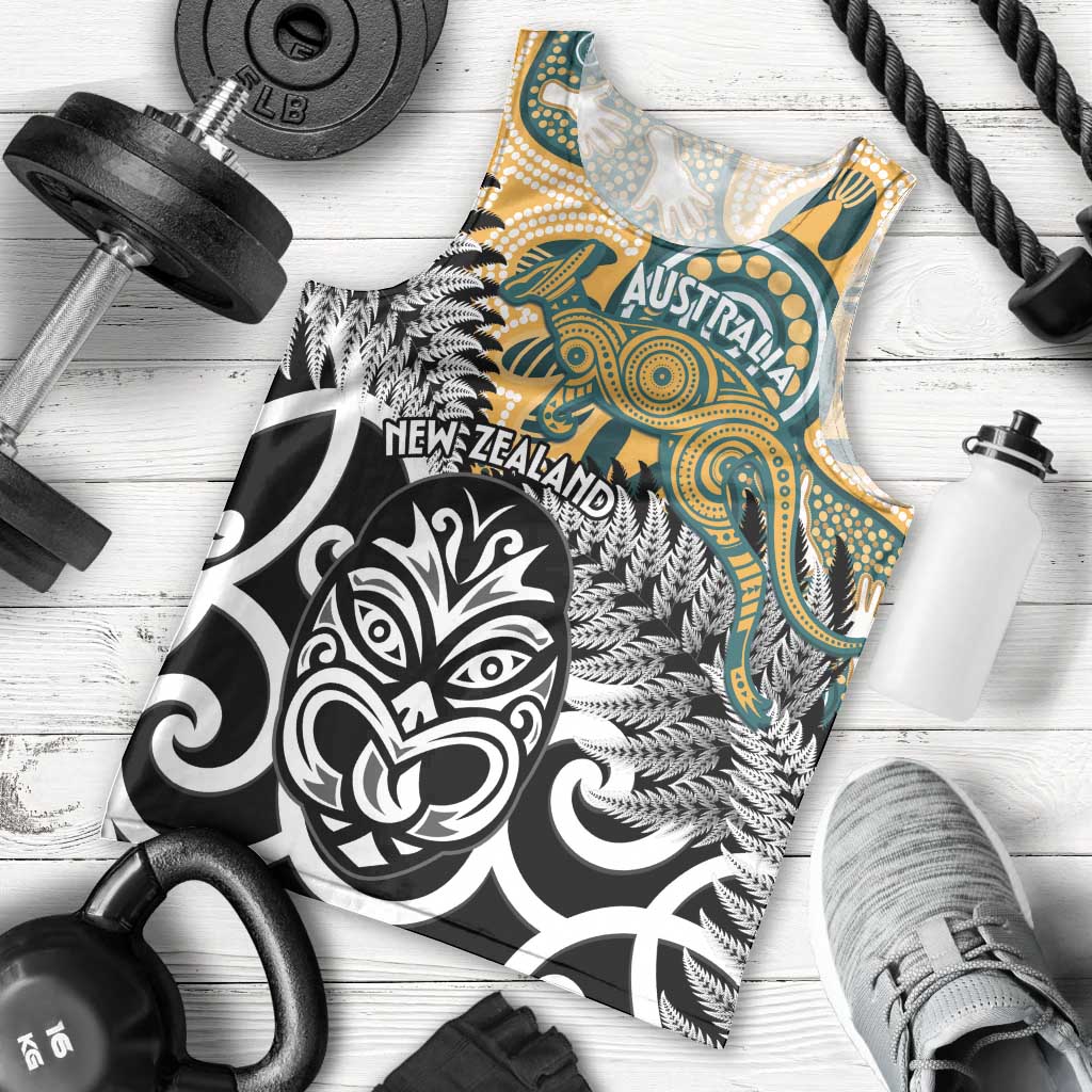 New Zealand Australia Rugby Custom Men Tank Top Wallabies Aboriginal All Black Maori Tiki Together - Aussie Hoodie