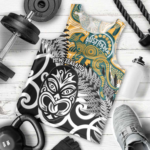 New Zealand Australia Rugby Custom Men Tank Top Wallabies Aboriginal All Black Maori Tiki Together - Aussie Hoodie
