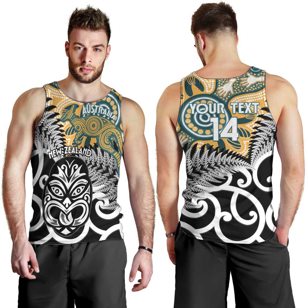 New Zealand Australia Rugby Custom Men Tank Top Wallabies Aboriginal All Black Maori Tiki Together - Aussie Hoodie