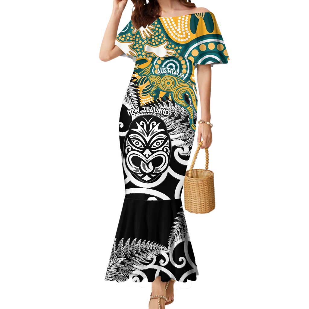New Zealand Australia Rugby Custom Mermaid Dress Wallabies Aboriginal All Black Maori Tiki Together - Aussie Hoodie