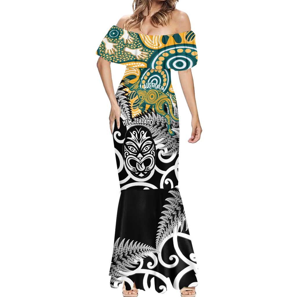 New Zealand Australia Rugby Custom Mermaid Dress Wallabies Aboriginal All Black Maori Tiki Together - Aussie Hoodie