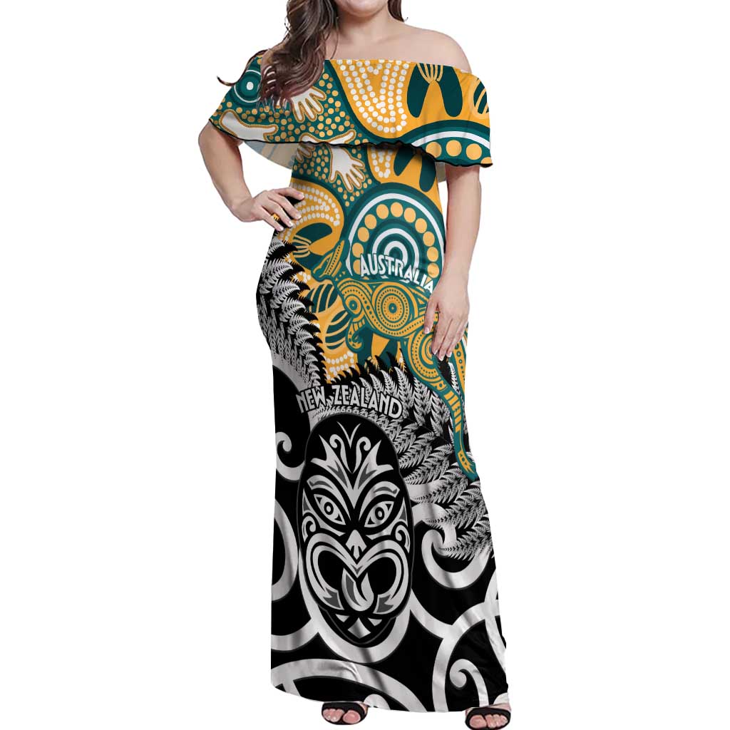 New Zealand Australia Rugby Custom Off Shoulder Maxi Dress Wallabies Aboriginal All Black Maori Tiki Together - Aussie Hoodie