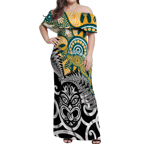 New Zealand Australia Rugby Custom Off Shoulder Maxi Dress Wallabies Aboriginal All Black Maori Tiki Together - Aussie Hoodie