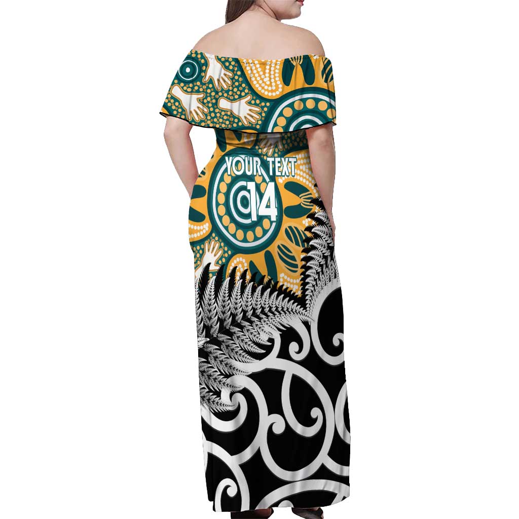 New Zealand Australia Rugby Custom Off Shoulder Maxi Dress Wallabies Aboriginal All Black Maori Tiki Together - Aussie Hoodie