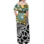 New Zealand Australia Rugby Custom Off Shoulder Maxi Dress Wallabies Aboriginal All Black Maori Tiki Together - Aussie Hoodie