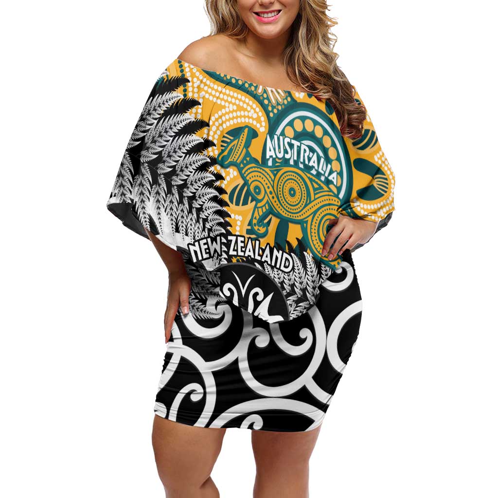 New Zealand Australia Rugby Custom Off Shoulder Short Dress Wallabies Aboriginal All Black Maori Tiki Together - Aussie Hoodie
