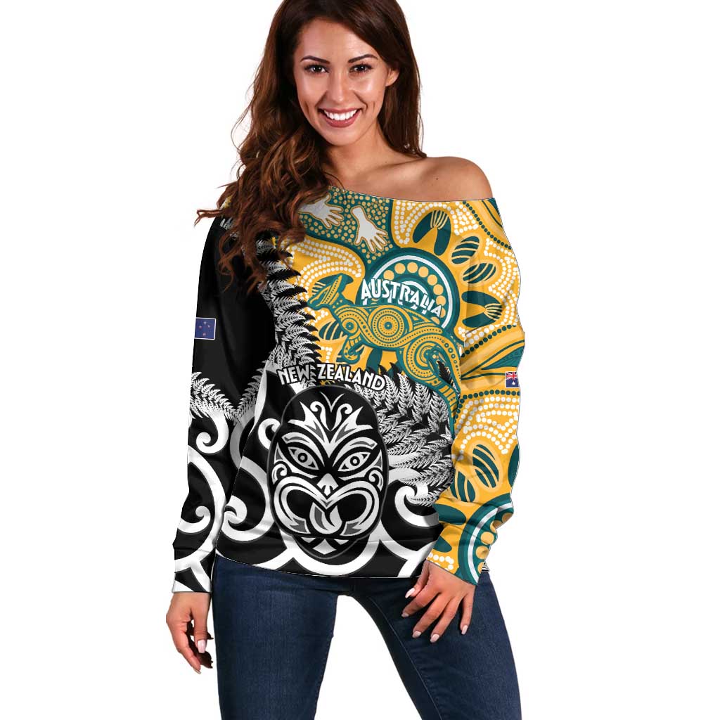 New Zealand Australia Rugby Custom Off Shoulder Sweater Wallabies Aboriginal All Black Maori Tiki Together - Aussie Hoodie