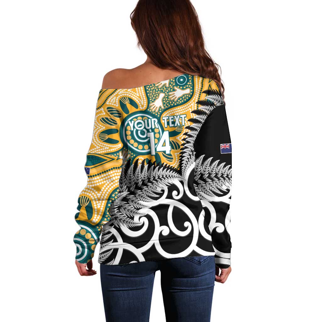 New Zealand Australia Rugby Custom Off Shoulder Sweater Wallabies Aboriginal All Black Maori Tiki Together - Aussie Hoodie