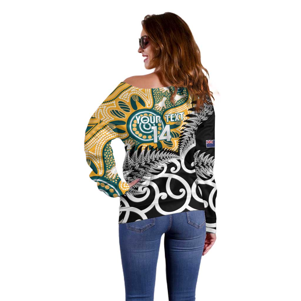 New Zealand Australia Rugby Custom Off Shoulder Sweater Wallabies Aboriginal All Black Maori Tiki Together - Aussie Hoodie