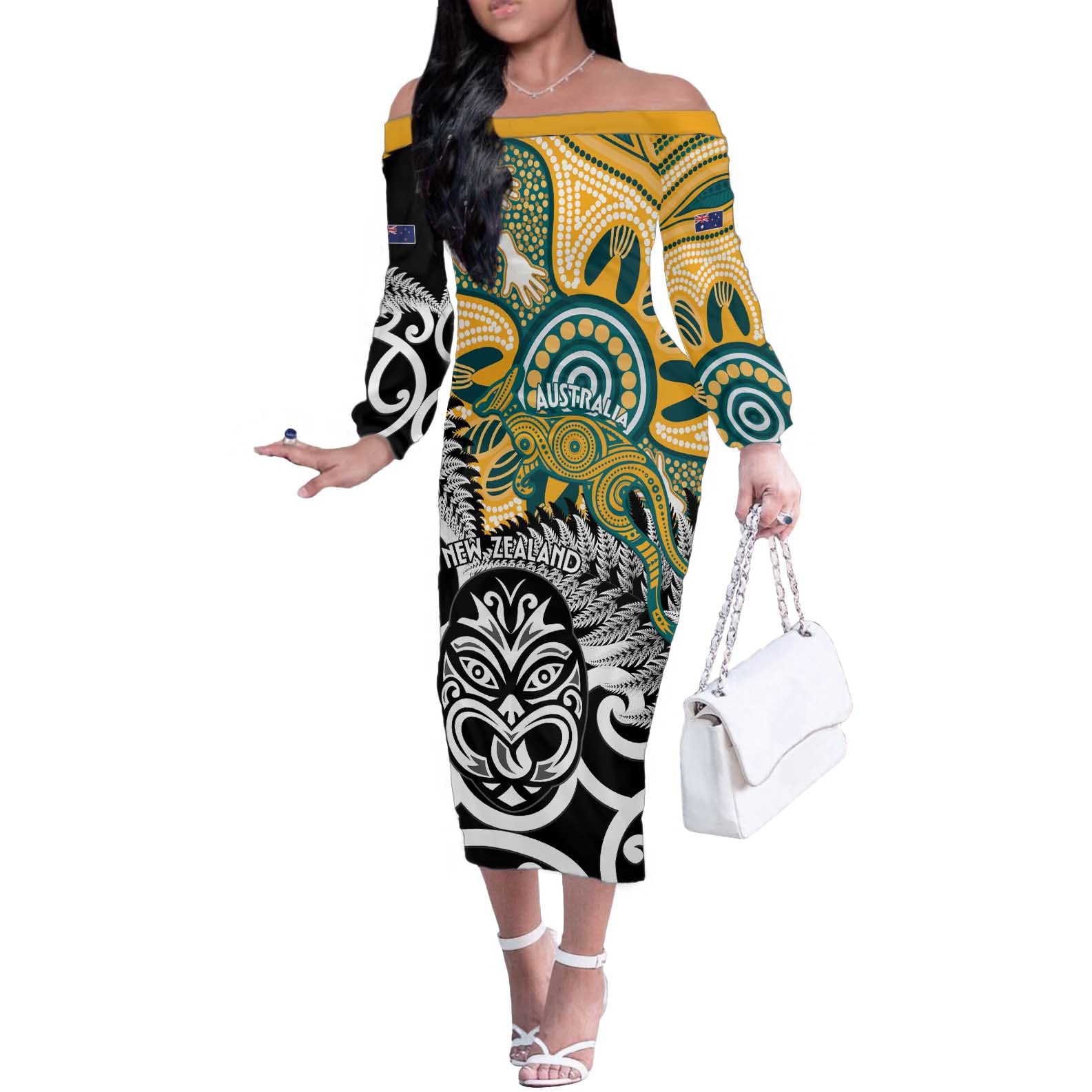 New Zealand Australia Rugby Custom Off The Shoulder Long Sleeve Dress Wallabies Aboriginal All Black Maori Tiki Together - Aussie Hoodie