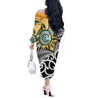New Zealand Australia Rugby Custom Off The Shoulder Long Sleeve Dress Wallabies Aboriginal All Black Maori Tiki Together - Aussie Hoodie