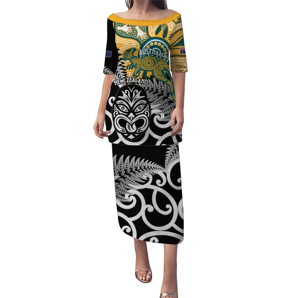 New Zealand Australia Rugby Custom Puletasi Wallabies Aboriginal All Black Maori Tiki Together - Aussie Hoodie
