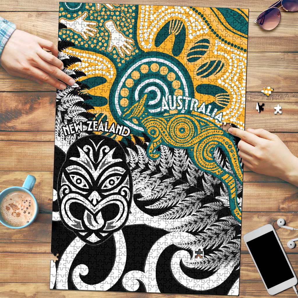 New Zealand Australia Rugby Puzzle Wallabies Aboriginal All Black Maori Tiki Together - Aussie Hoodie