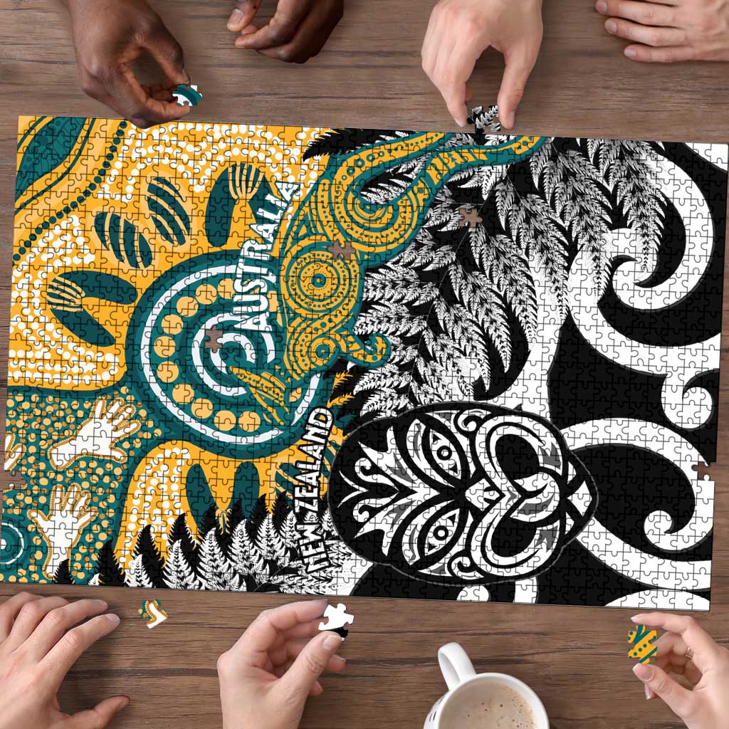 New Zealand Australia Rugby Puzzle Wallabies Aboriginal All Black Maori Tiki Together - Aussie Hoodie