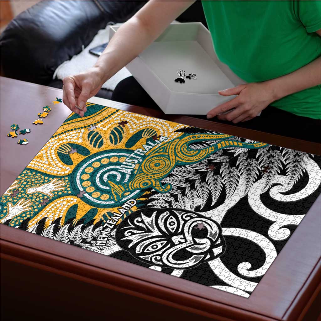 New Zealand Australia Rugby Puzzle Wallabies Aboriginal All Black Maori Tiki Together - Aussie Hoodie