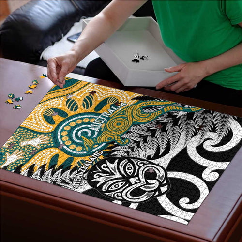 New Zealand Australia Rugby Puzzle Wallabies Aboriginal All Black Maori Tiki Together - Aussie Hoodie
