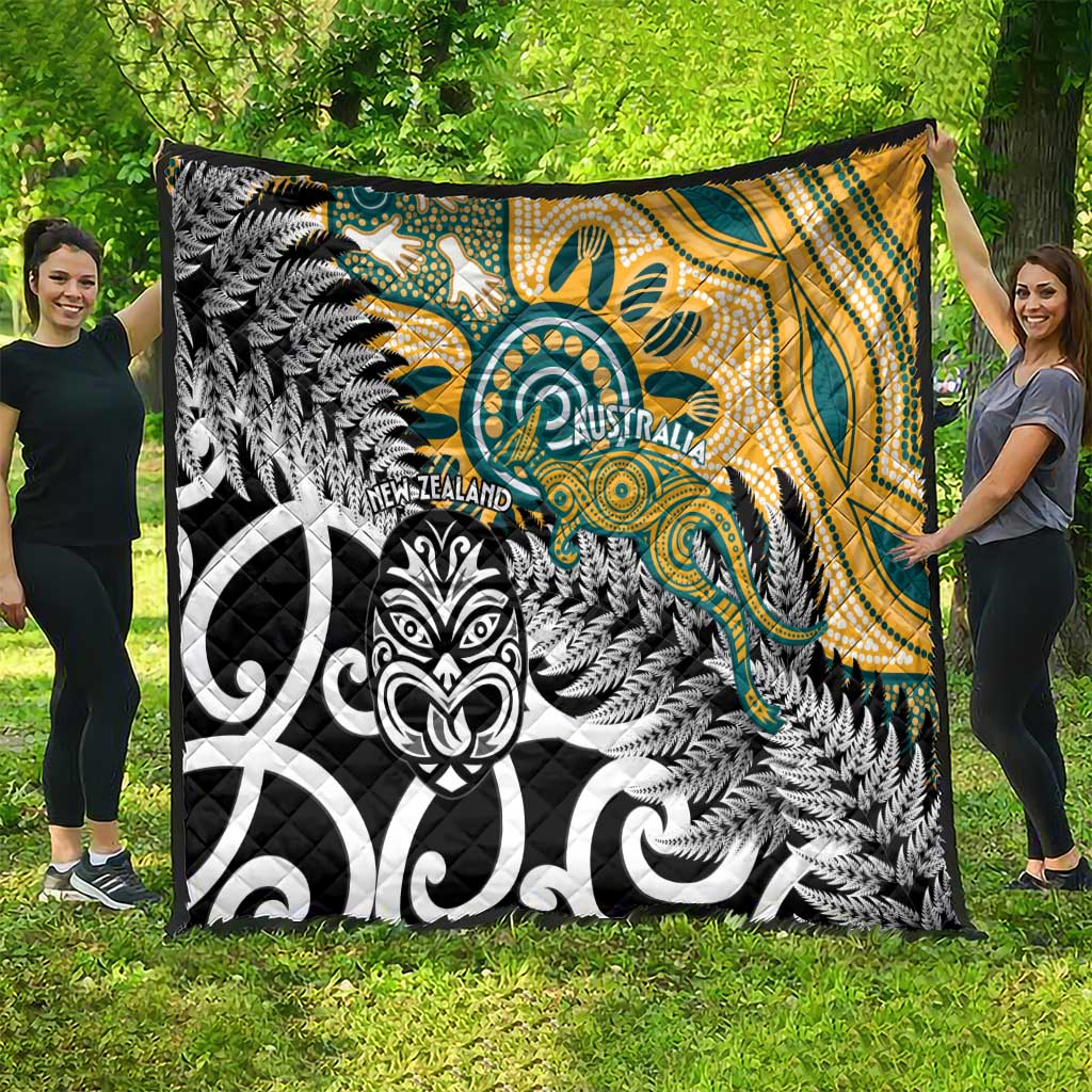 New Zealand Australia Rugby Quilt Wallabies Aboriginal All Black Maori Tiki Together - Aussie Hoodie