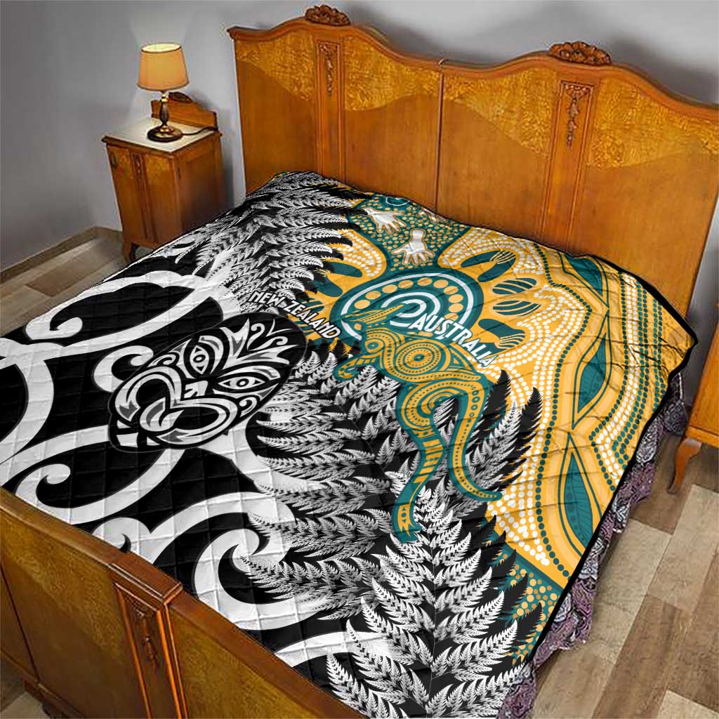 New Zealand Australia Rugby Quilt Wallabies Aboriginal All Black Maori Tiki Together - Aussie Hoodie