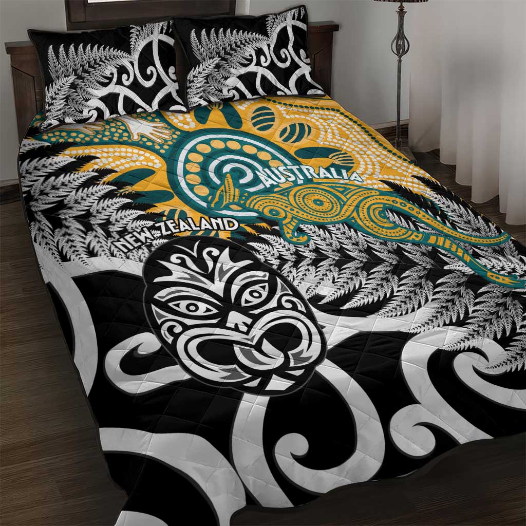New Zealand Australia Rugby Quilt Bed Set Wallabies Aboriginal All Black Maori Tiki Together - Aussie Hoodie