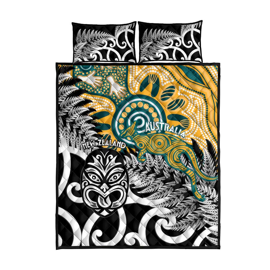 New Zealand Australia Rugby Quilt Bed Set Wallabies Aboriginal All Black Maori Tiki Together - Aussie Hoodie