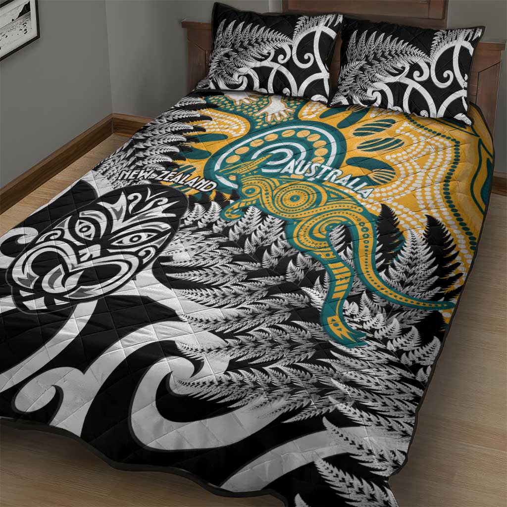 New Zealand Australia Rugby Quilt Bed Set Wallabies Aboriginal All Black Maori Tiki Together - Aussie Hoodie