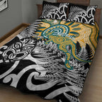 New Zealand Australia Rugby Quilt Bed Set Wallabies Aboriginal All Black Maori Tiki Together - Aussie Hoodie