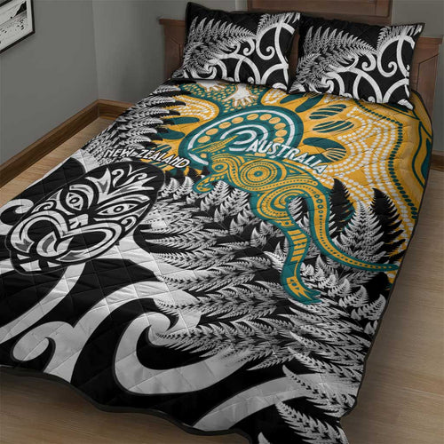 New Zealand Australia Rugby Quilt Bed Set Wallabies Aboriginal All Black Maori Tiki Together - Aussie Hoodie
