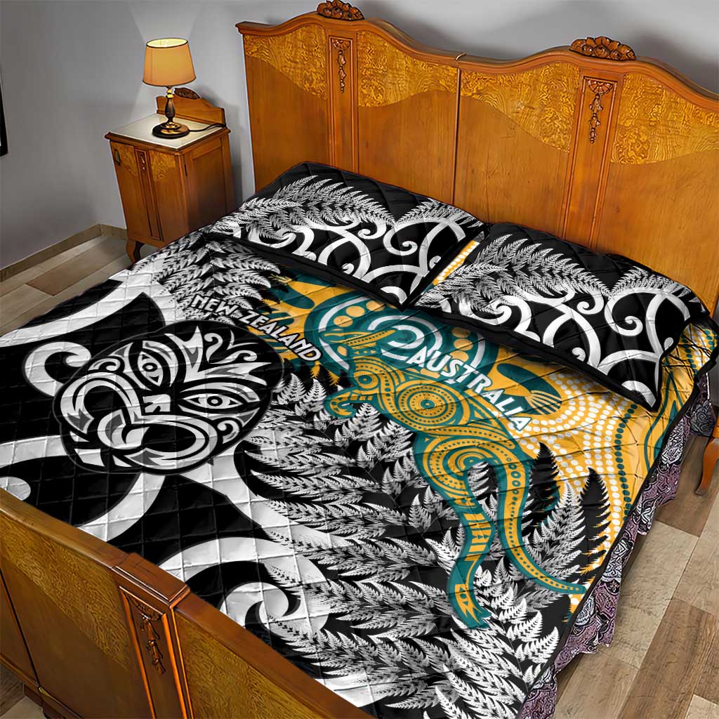 New Zealand Australia Rugby Quilt Bed Set Wallabies Aboriginal All Black Maori Tiki Together - Aussie Hoodie