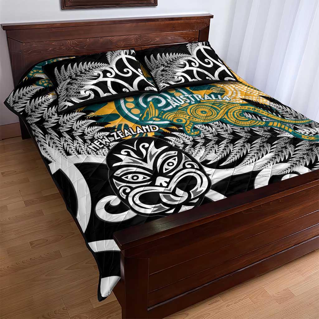 New Zealand Australia Rugby Quilt Bed Set Wallabies Aboriginal All Black Maori Tiki Together - Aussie Hoodie