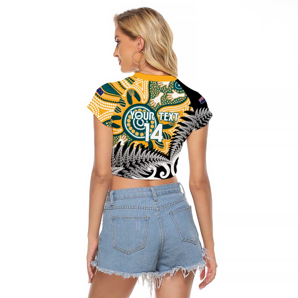 New Zealand Australia Rugby Custom Raglan Cropped T Shirt Wallabies Aboriginal All Black Maori Tiki Together - Aussie Hoodie