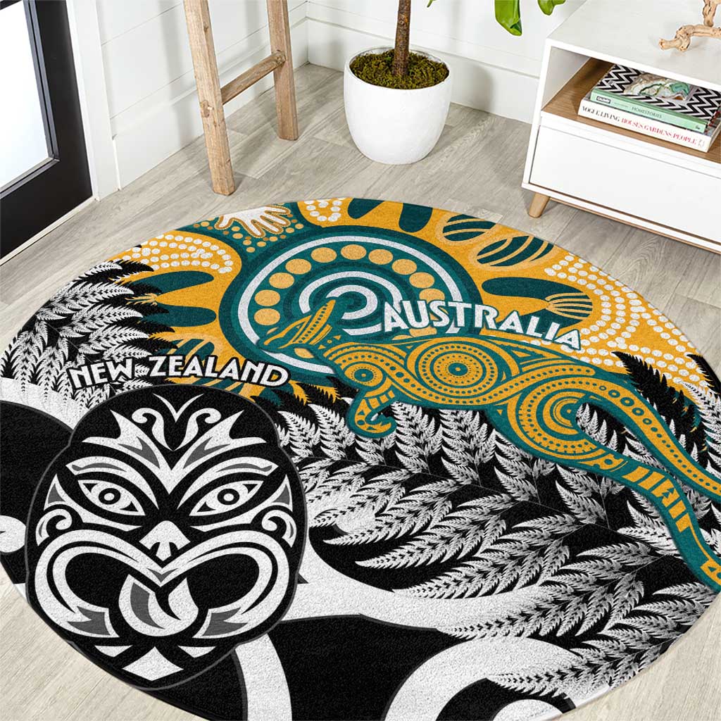New Zealand Australia Rugby Round Carpet Wallabies Aboriginal All Black Maori Tiki Together - Aussie Hoodie