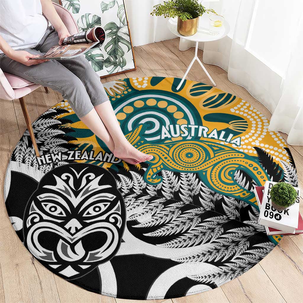 New Zealand Australia Rugby Round Carpet Wallabies Aboriginal All Black Maori Tiki Together - Aussie Hoodie