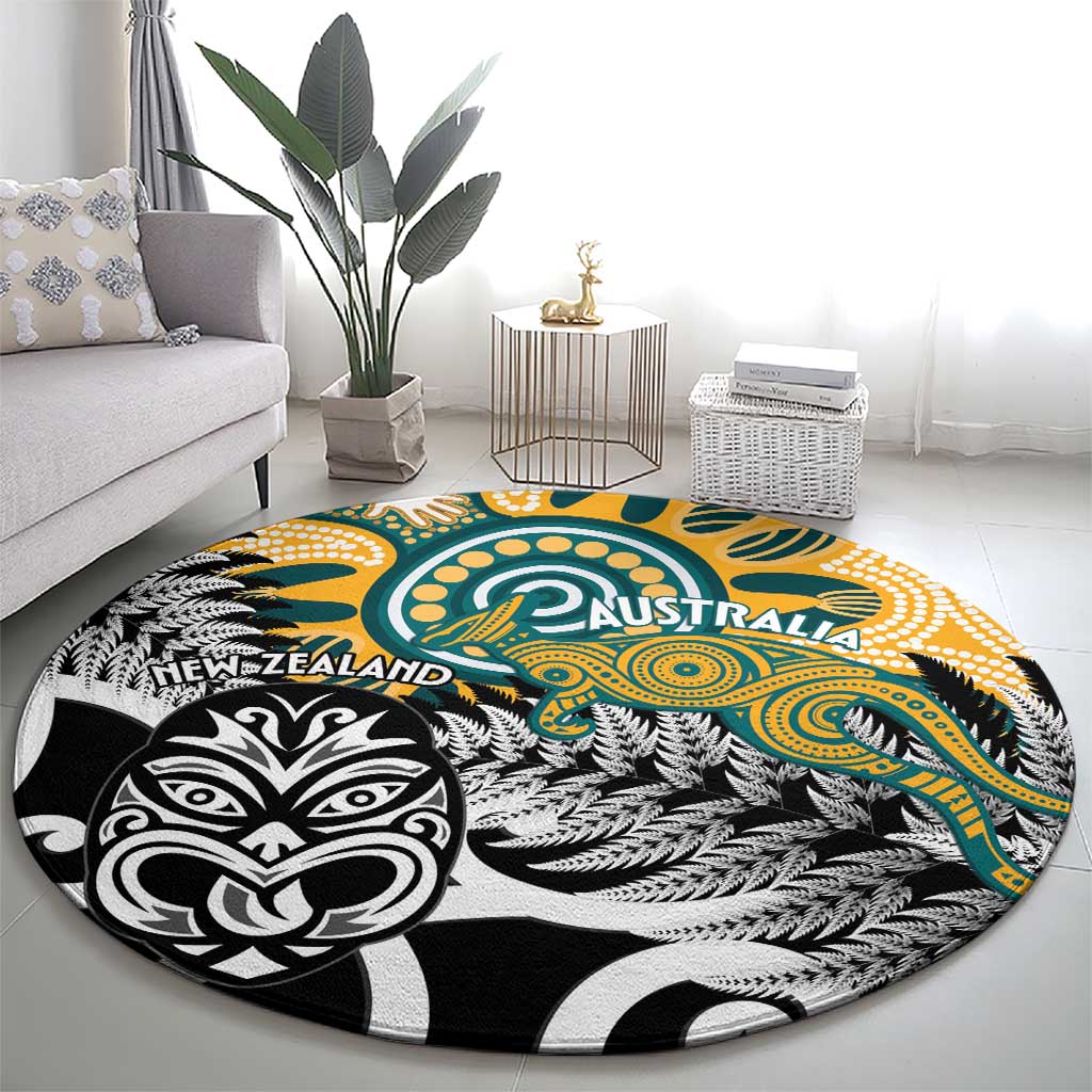New Zealand Australia Rugby Round Carpet Wallabies Aboriginal All Black Maori Tiki Together - Aussie Hoodie