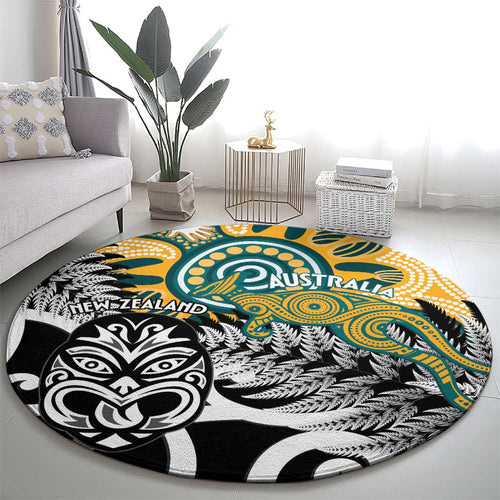 New Zealand Australia Rugby Round Carpet Wallabies Aboriginal All Black Maori Tiki Together - Aussie Hoodie