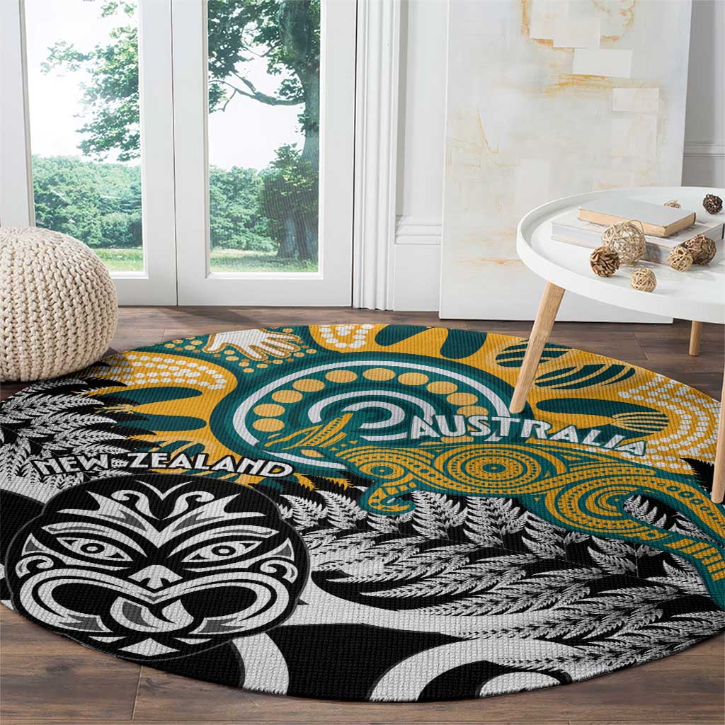 New Zealand Australia Rugby Round Carpet Wallabies Aboriginal All Black Maori Tiki Together - Aussie Hoodie