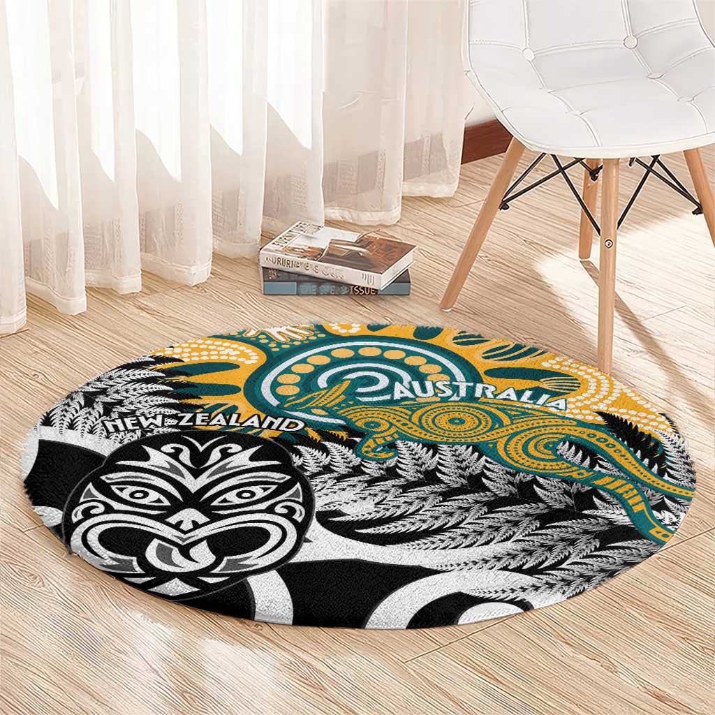 New Zealand Australia Rugby Round Carpet Wallabies Aboriginal All Black Maori Tiki Together - Aussie Hoodie