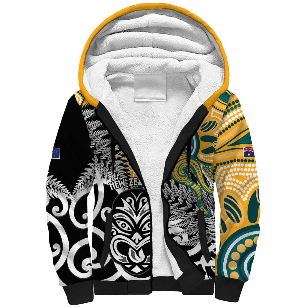 New Zealand Australia Rugby Custom Sherpa Hoodie Wallabies Aboriginal All Black Maori Tiki Together - Aussie Hoodie