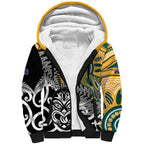 New Zealand Australia Rugby Custom Sherpa Hoodie Wallabies Aboriginal All Black Maori Tiki Together - Aussie Hoodie