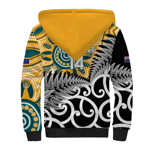 New Zealand Australia Rugby Custom Sherpa Hoodie Wallabies Aboriginal All Black Maori Tiki Together - Aussie Hoodie