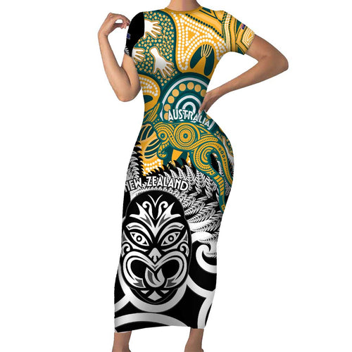 New Zealand Australia Rugby Custom Short Sleeve Bodycon Dress Wallabies Aboriginal All Black Maori Tiki Together - Aussie Hoodie