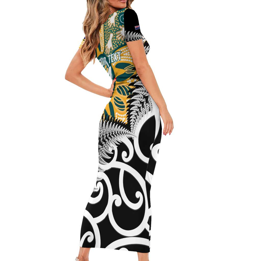 New Zealand Australia Rugby Custom Short Sleeve Bodycon Dress Wallabies Aboriginal All Black Maori Tiki Together - Aussie Hoodie