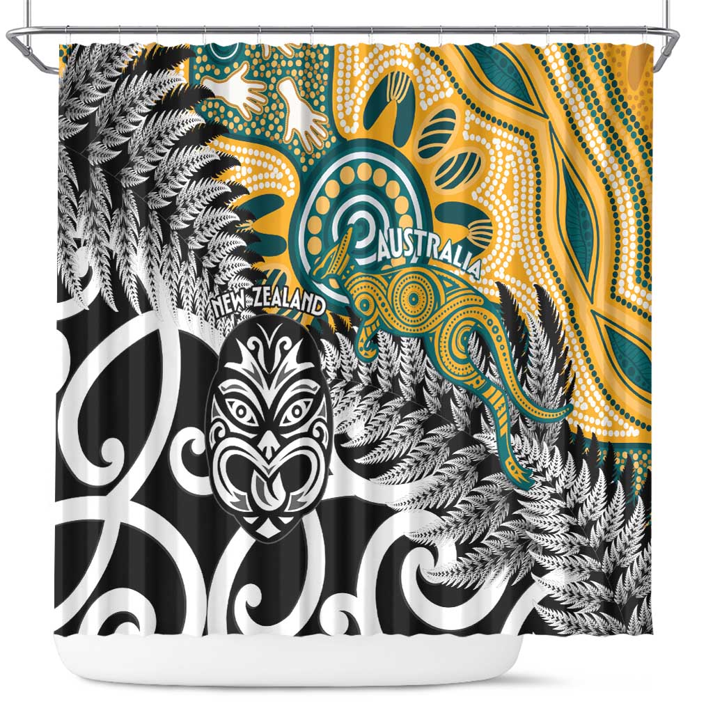 New Zealand Australia Rugby Shower Curtain Wallabies Aboriginal All Black Maori Tiki Together - Aussie Hoodie