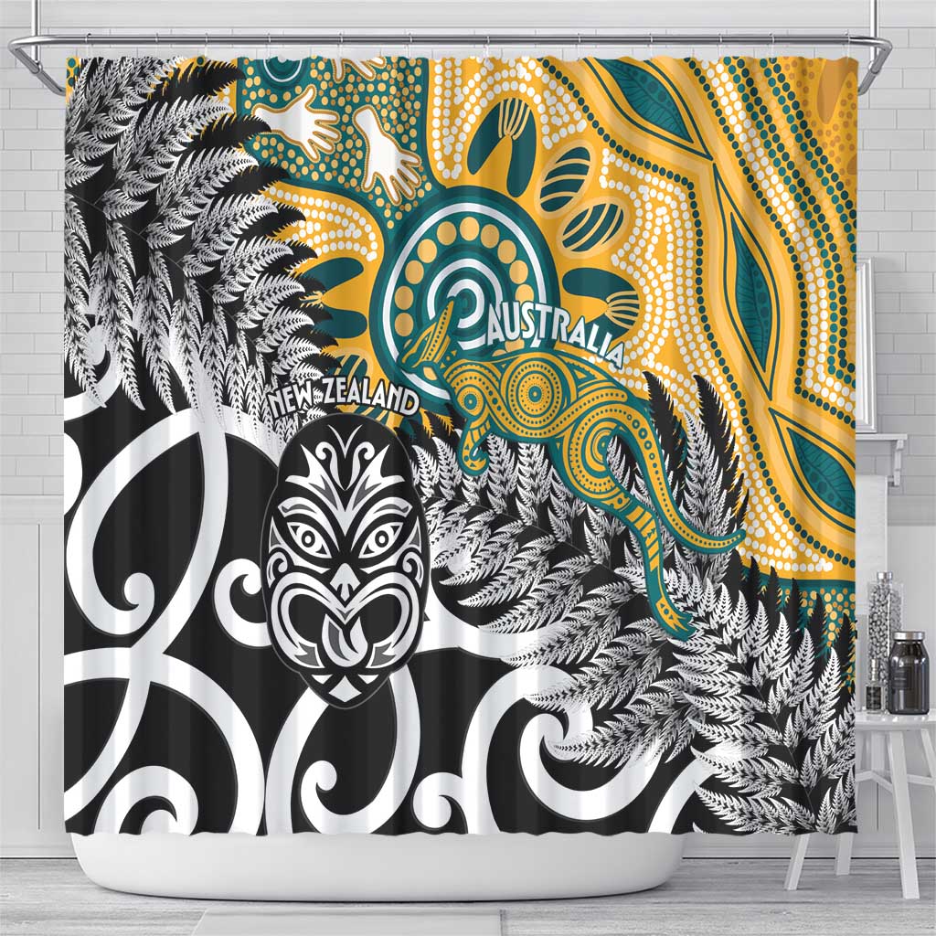 New Zealand Australia Rugby Shower Curtain Wallabies Aboriginal All Black Maori Tiki Together - Aussie Hoodie