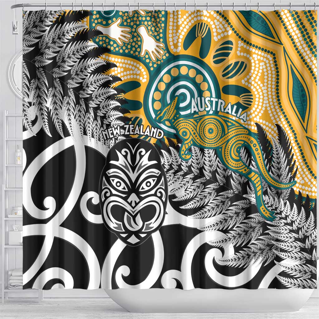 New Zealand Australia Rugby Shower Curtain Wallabies Aboriginal All Black Maori Tiki Together - Aussie Hoodie